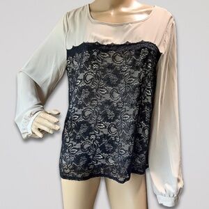 Forever 21 Blouse Round Neck Long Sleeves Lace Overlay Tan/Black Women’s L NWT